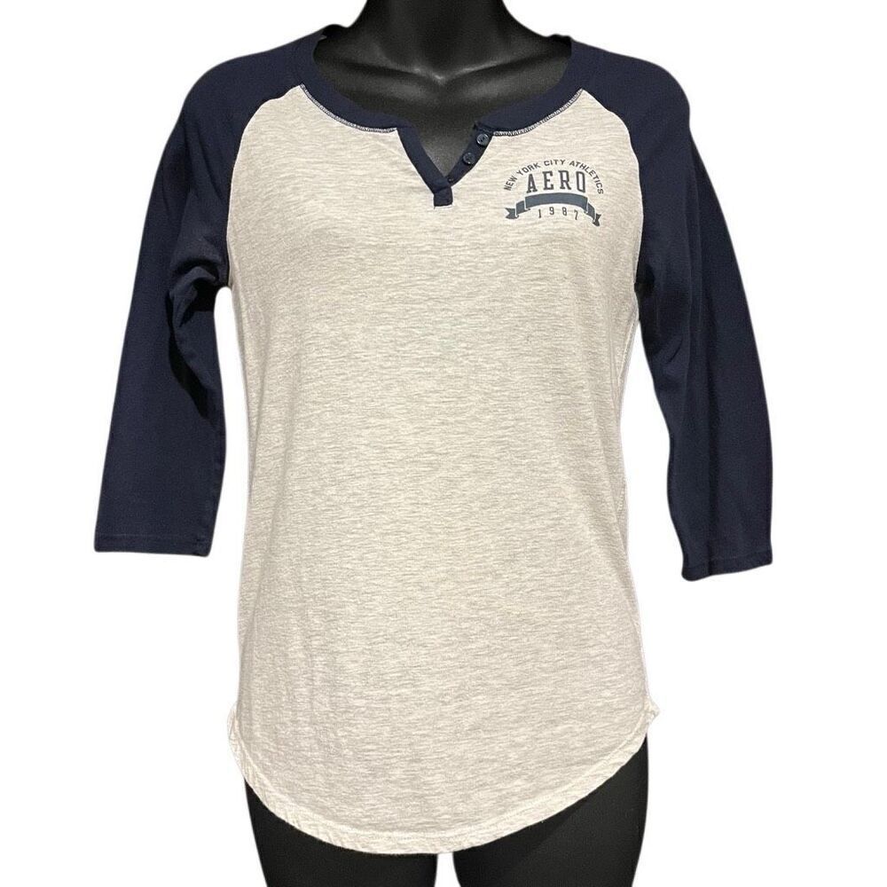 Aeropostale 3/4 Length Sleeve Navy Gray Raglan Henley Women’s XS